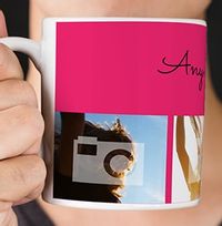 Tap to view Personalised Mug - 4 Multi Photo Upload Bottom with Text Pink