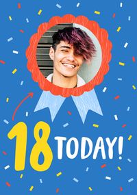 Tap to view 18 Today Blue Rosette Photo Birthday Card