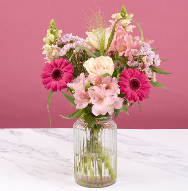 Peach Rose & Gemini Arrangement in Glass Vase