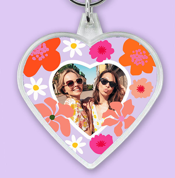 Mums Floral Photo Upload Heart Keyring