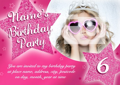 Pink Star Princess Kids Birthday Party Invite Postcard