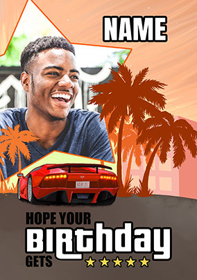 5 Star Birthday Photo Upload Orange Gamer Card