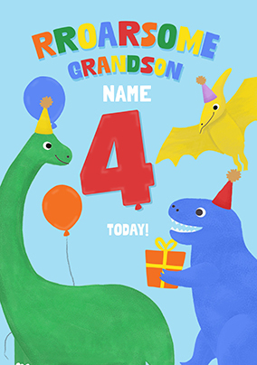 Roarsome Grandson 4th Birthday Dinosaur Card