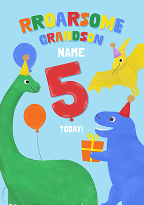 Roarsome Grandson 5th Birthday Dinosaur Card