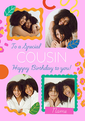 Animal Print Cousin 4 Photo Birthday Card