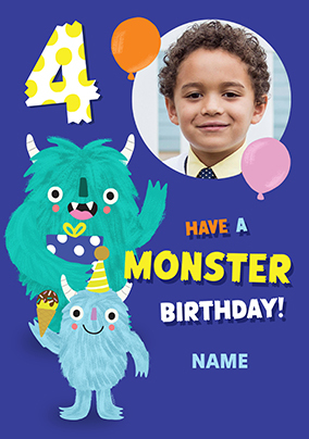 Monster 4th Birthday Photo Upload Card