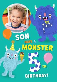 Tap to view Monster 5th Birthday Photo Upload Card for Son