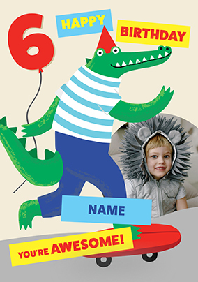 Skateboarding Crocodile 6th Birthday Card