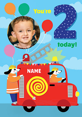 2 Today Fire Truck Photo Birthday Card