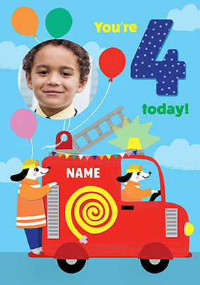 4 Today Fire Truck Photo Birthday Card