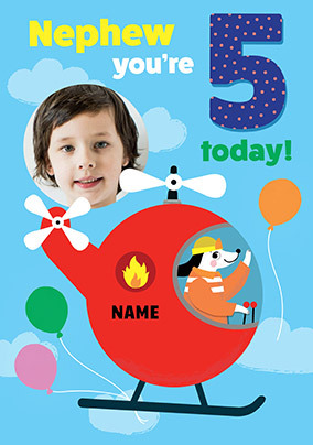 Nephew 5th Birthday Helicopter Dog Photo Card