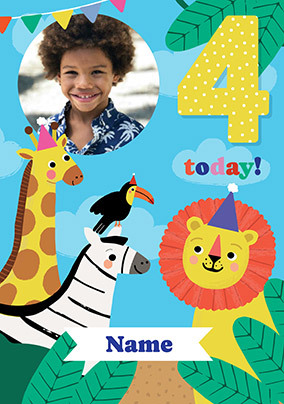 Photo Upload Jungle Animals 4th Birthday Card