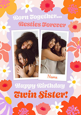 Floral Polaroid Twin Sister 2 Photo Birthday Card