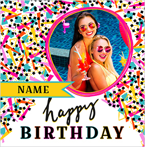 Happy Birthday Pink Confetti Square Photo Card