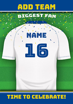 White and Blue Personalised Football Shirt Birthday Card