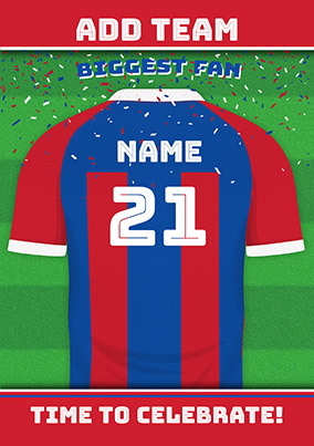 Red and Blue Stripe Personalised Football Shirt Birthday Card