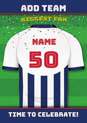 White and Blue Stripe Personalised Football Shirt Birthday Card