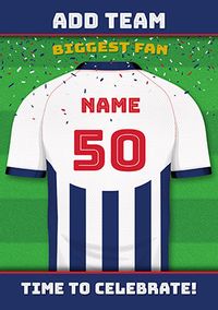 Tap to view White and Blue Stripe Personalised Football Shirt Birthday Card