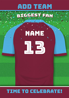 Burgundy and Blue Personalised Football Shirt Birthday Card