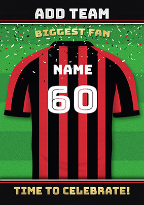 Red and Black Stripe Personalised Football Shirt Birthday Card