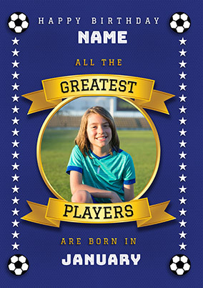 Greatest Football Player Photo Upload Blue Birthday Card