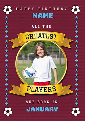 Greatest Football Player Photo Upload Burgundy Birthday Card