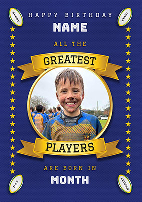 Greatest Rugby Player Photo Upload Blue Birthday Card