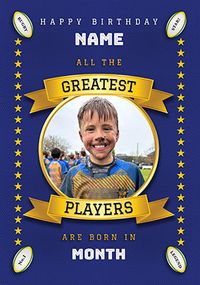 Tap to view Greatest Rugby Player Photo Upload Blue Birthday Card