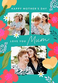 Tap to view Love You Mum 3 Photo Teal Border Mother's Day Card