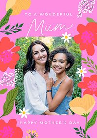 Tap to view Wonderful Mum Pink Floral Border Photo Mother's Day Card