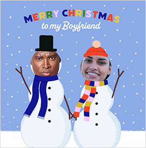 Photo Upload Snowmen Square Christmas Card for Boyfriend