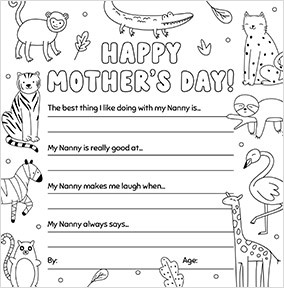 Colour and write on me Animal Nanny Mother's Day Card