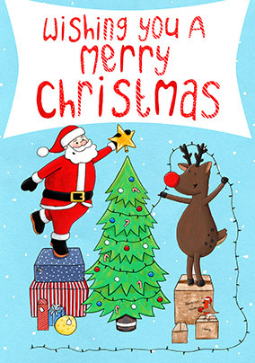 Santa and Rudolph Decorating Christmas Card