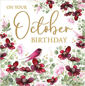 Red Flowers October Birthday Card