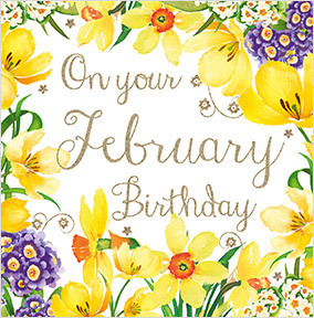 Yellow Border February Birthday Card