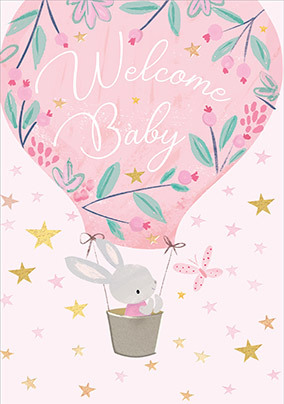 Bunny In A Balloon Pink Baby Card