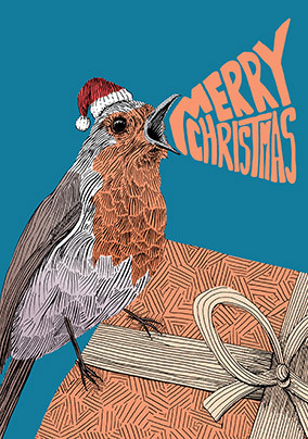 Robin on Present Christmas Card