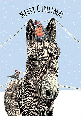 Christmas Donkey and Robins Card