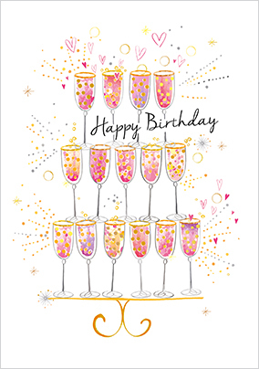 Happy Birthday Champagne Flute Tower Card