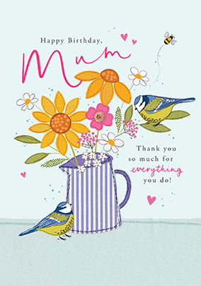 Birds and Flowers Mum Birthday Card