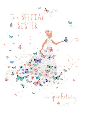 Special Sister Butterfly Dress Birthday Card