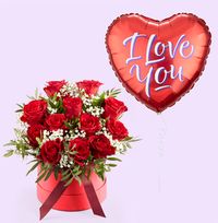 Tap to view Red Rose Hatbox with I love You Balloon
