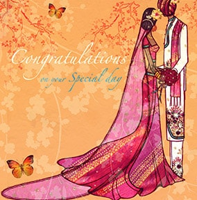 Wedding Congratulations Card Pink Sari Orange Butterflies